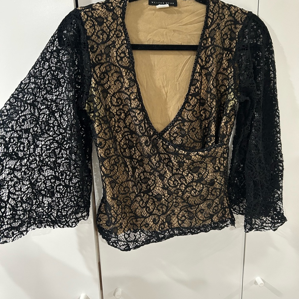 Weston Wear Black Lace Blouse with Tan Lining